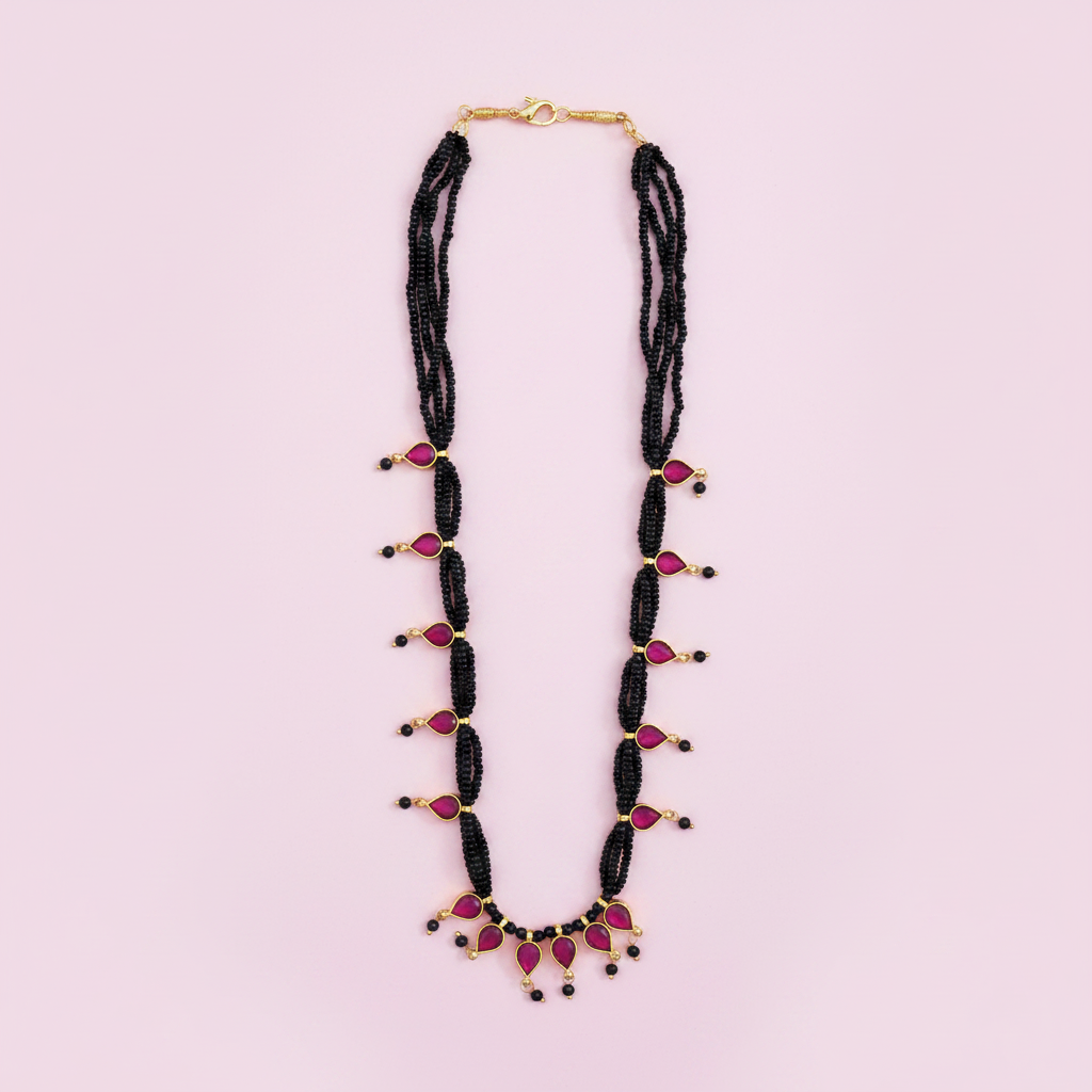 Pink Teardrop Black Bead Necklace