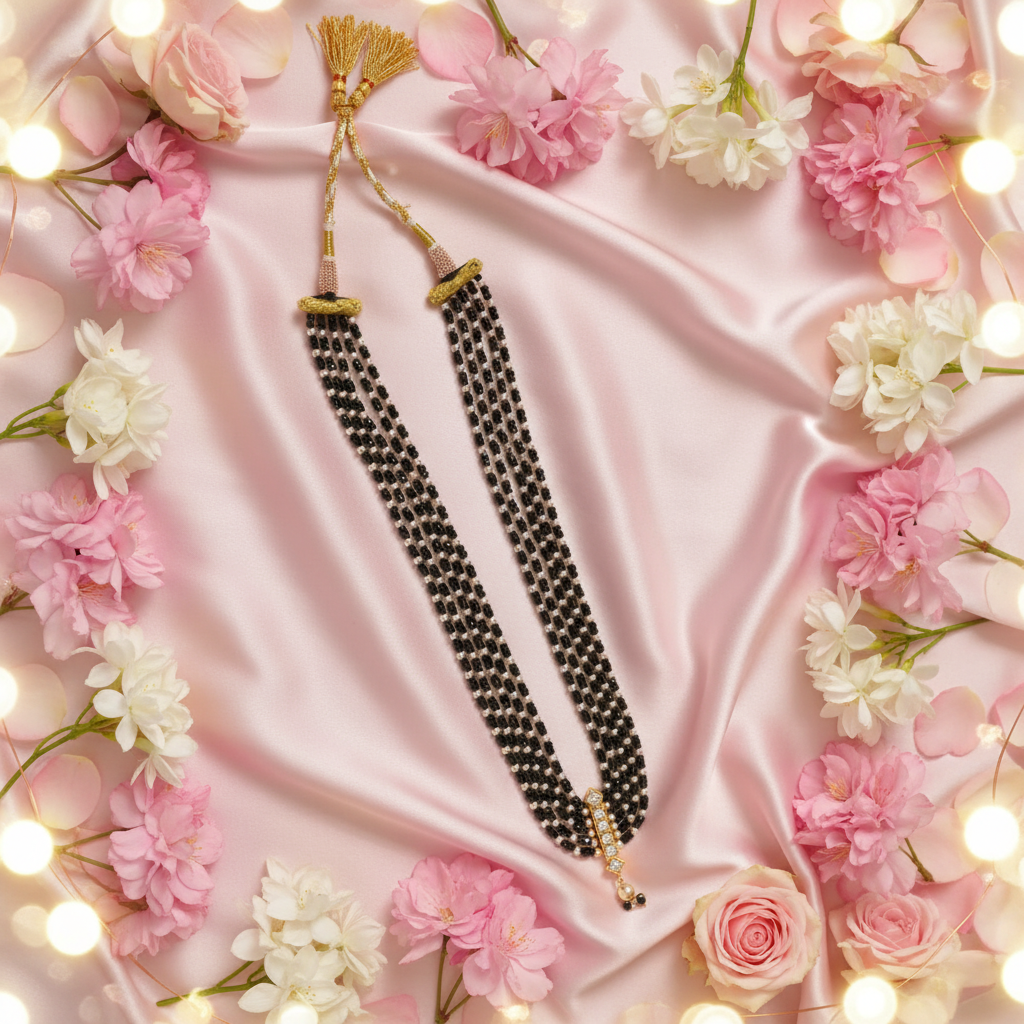 Mangalsutra on Baby Pink Silk with Floral Fairy Background