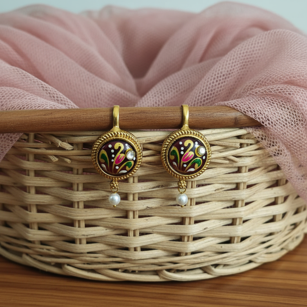 Maroon earrings on wooden stick with basket and net cloth