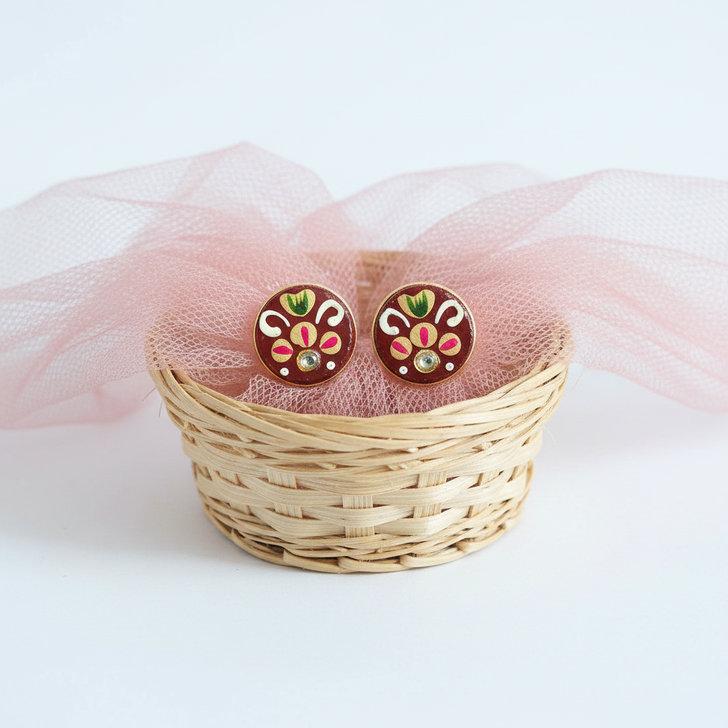 Maroon meenakari studs in small basket with blush net cloth