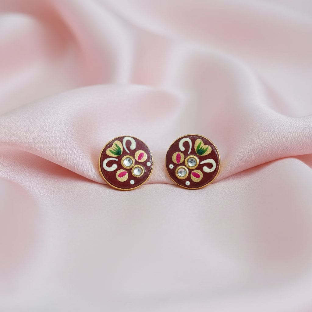 Maroon meenakari studs on blush pink silk