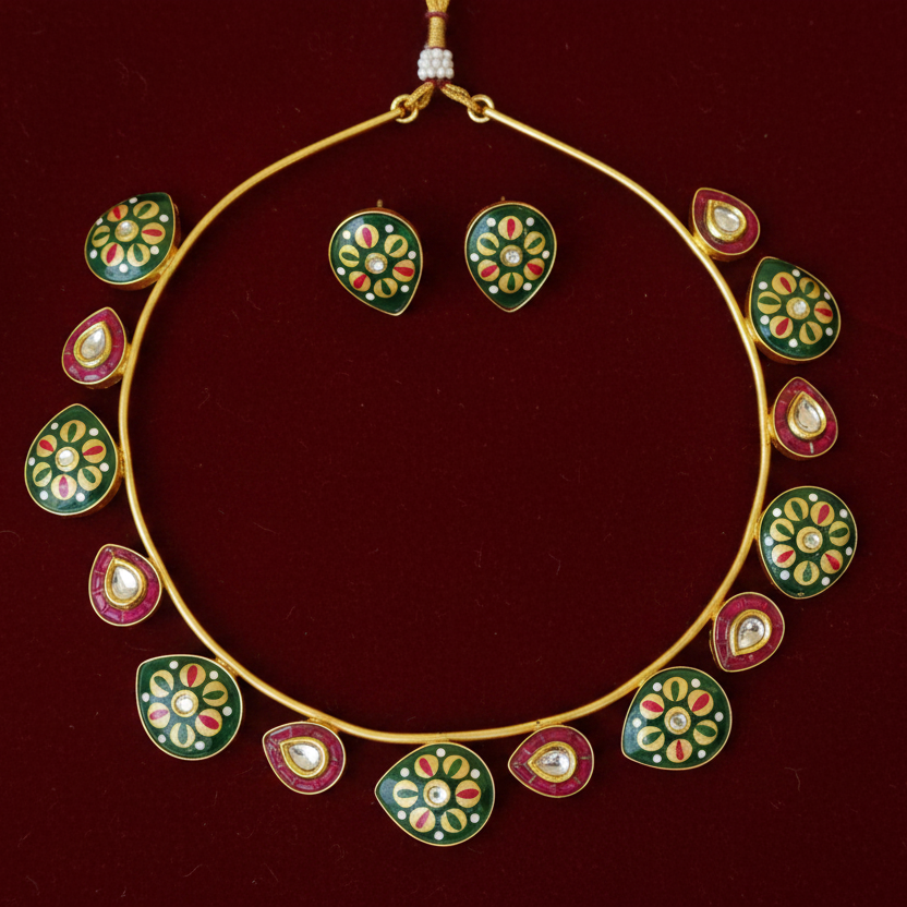 Green Meenakari Kundan Choker Necklace Set with Stud Earrings