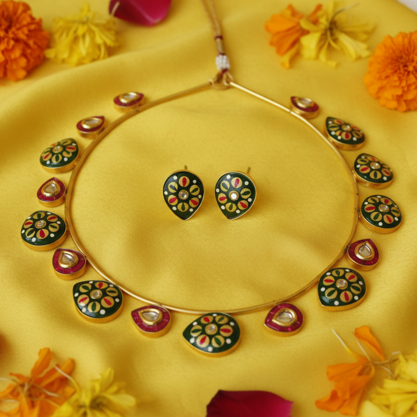 Green Meenakari Kundan Choker Necklace Set with Stud Earrings