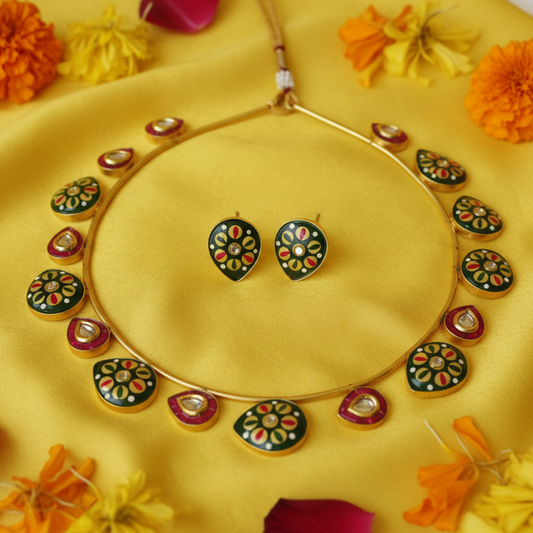 Green Meenakari Kundan Choker Necklace Set with Stud Earrings