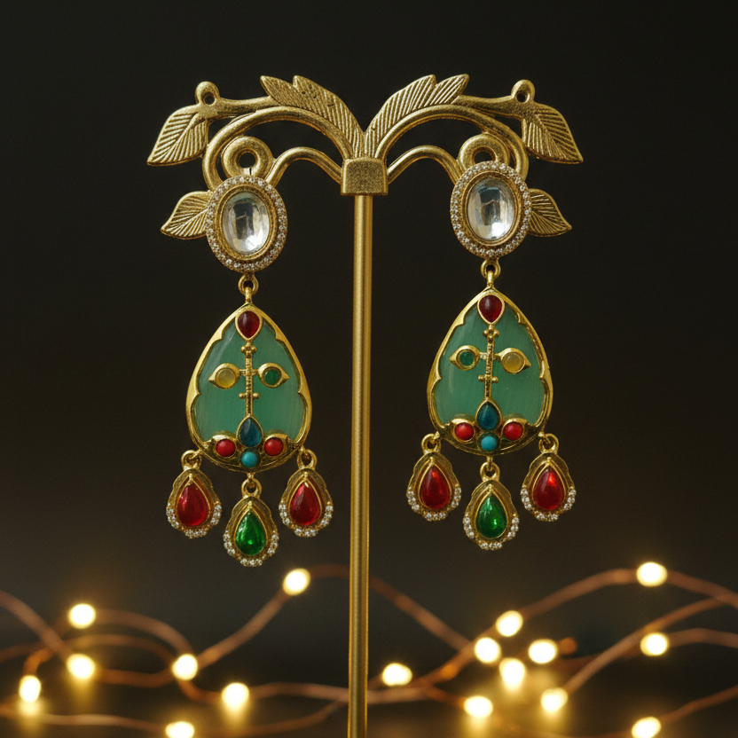 Mint Green Meenakari Teardrop Earrings