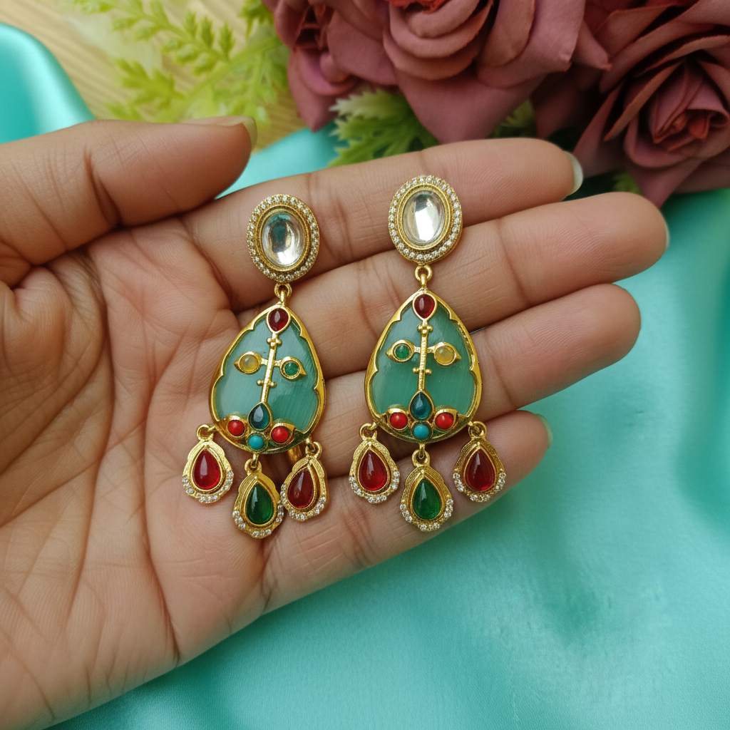 Mint Green Meenakari Teardrop Earrings