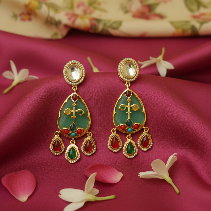 Mint Green Meenakari Teardrop Earrings