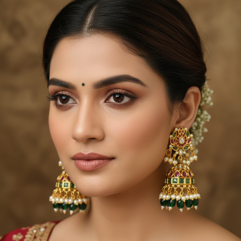 Gold Plated Kundan Jhumka Earrings with Emerald Drops & Pearl Dangles