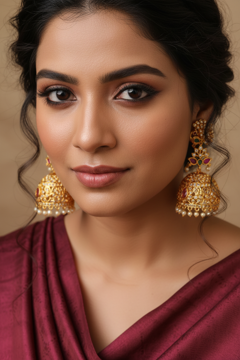 Gold Plated AD Peacock Jhumka Earrings with Ruby Emerald & Pearl Drops