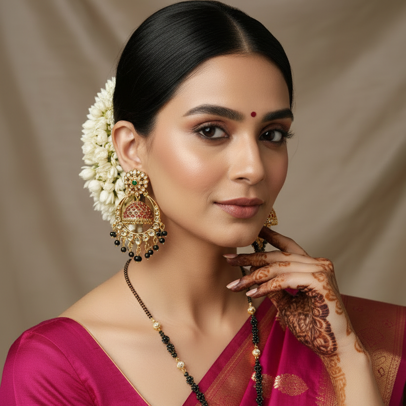 Model wearing saree with mangalsutra and earrings