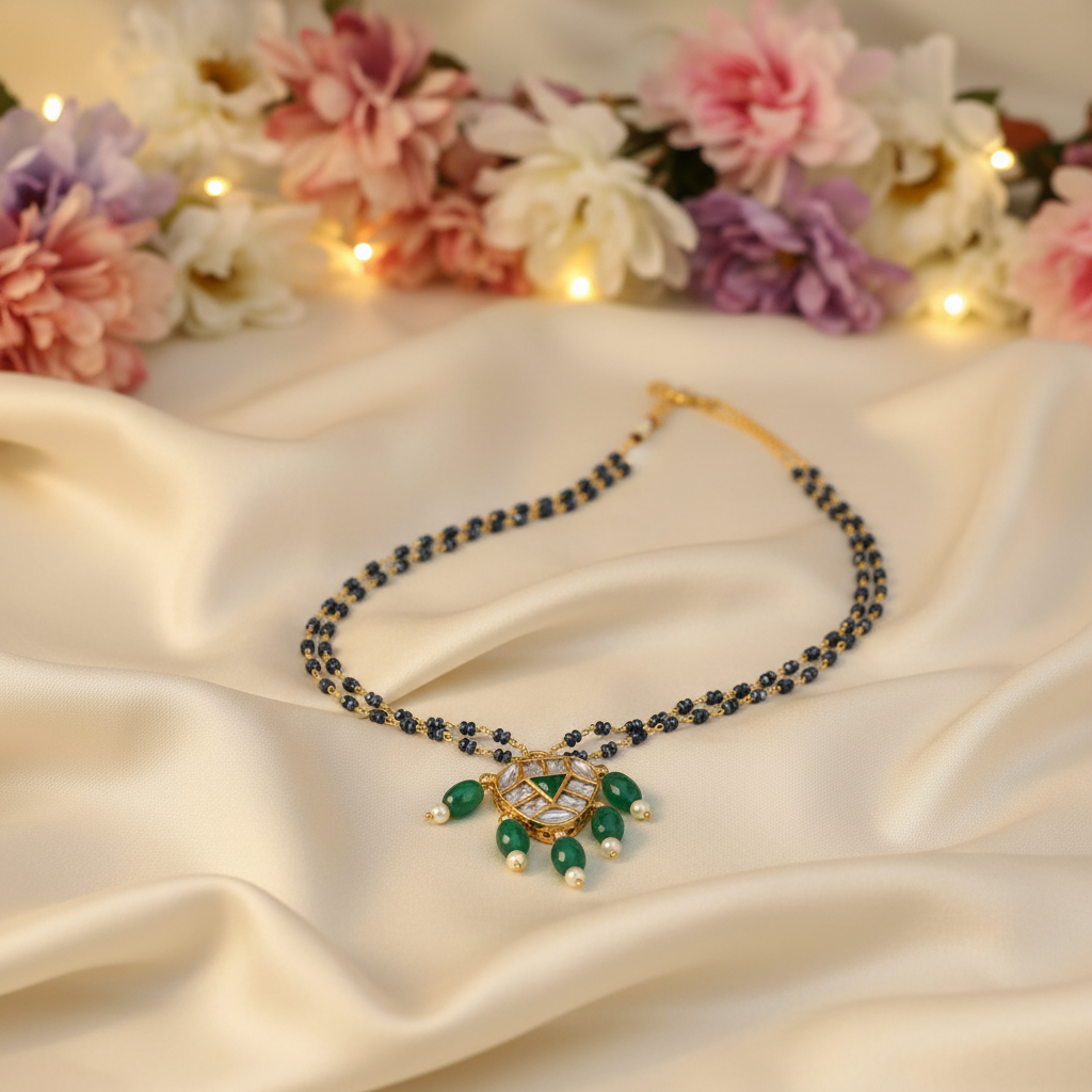 Necklace on silk with floral fairy background