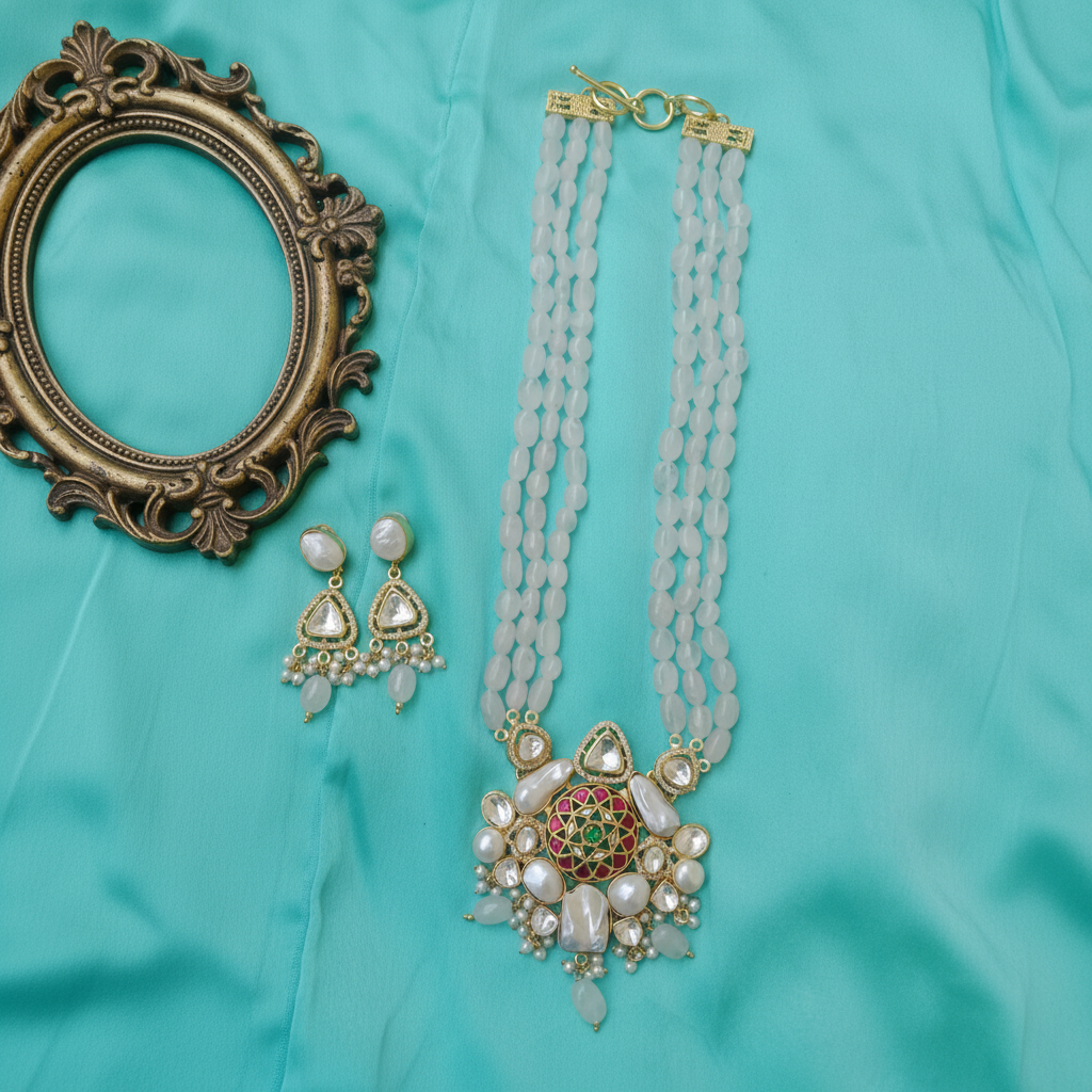 Kundan rose cots Long Bridal Necklace Set