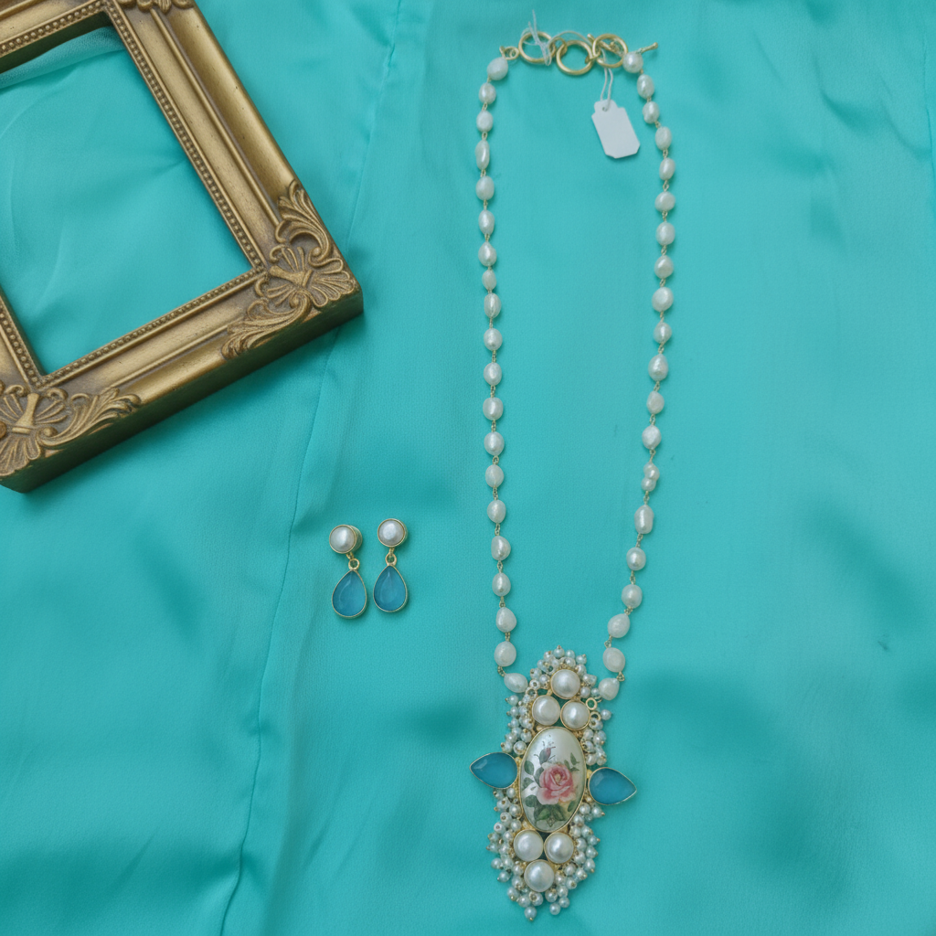 Floral Minakari Pearl Pendant Necklace Set