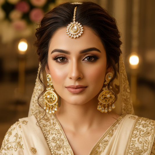 Oval Kundan Chandelier Earrings with Pearl Drops
