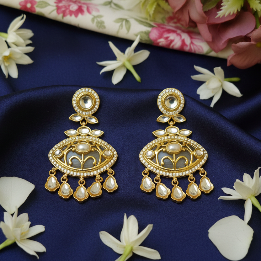 Oval Kundan Chandelier Earrings with Pearl Drops