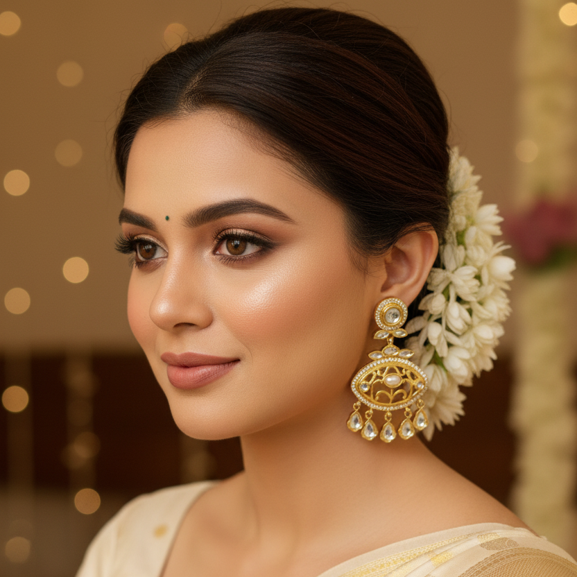 Oval Kundan Chandelier Earrings with Pearl Drops