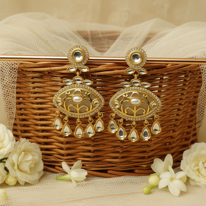 Oval Kundan Chandelier Earrings with Pearl Drops