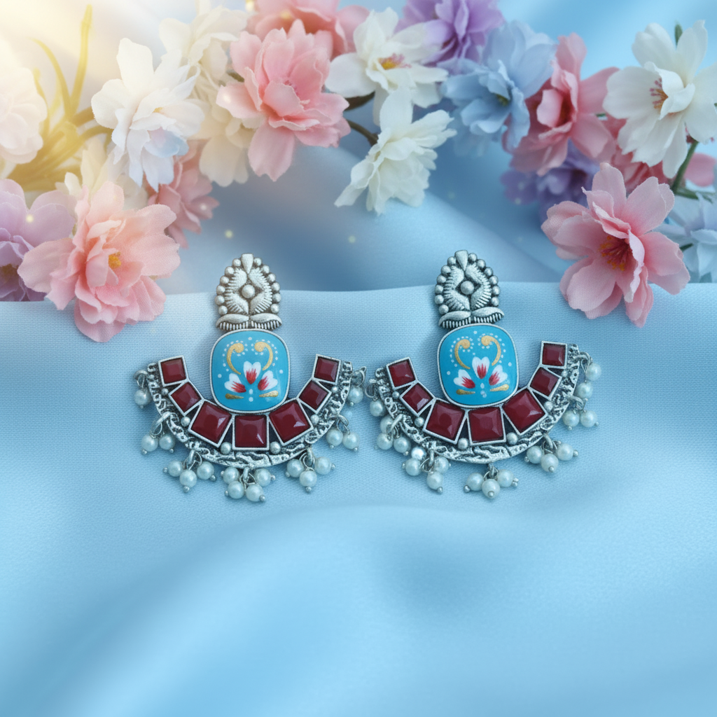 Oxidised silver chandbali earrings on blue silk with floral fairy background