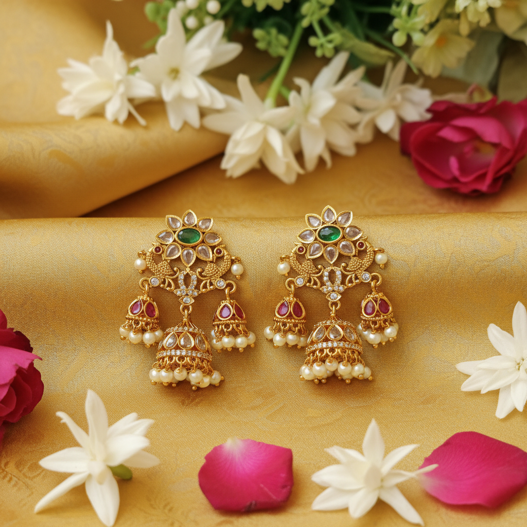 Gold Plated Kundan Peacock Triple Jhumka Earrings
