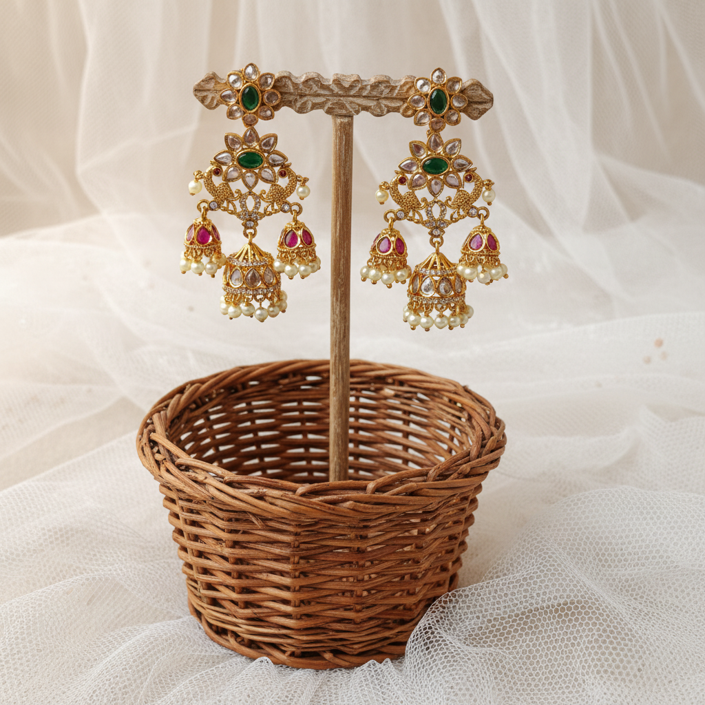 Gold Plated Kundan Peacock Triple Jhumka Earrings