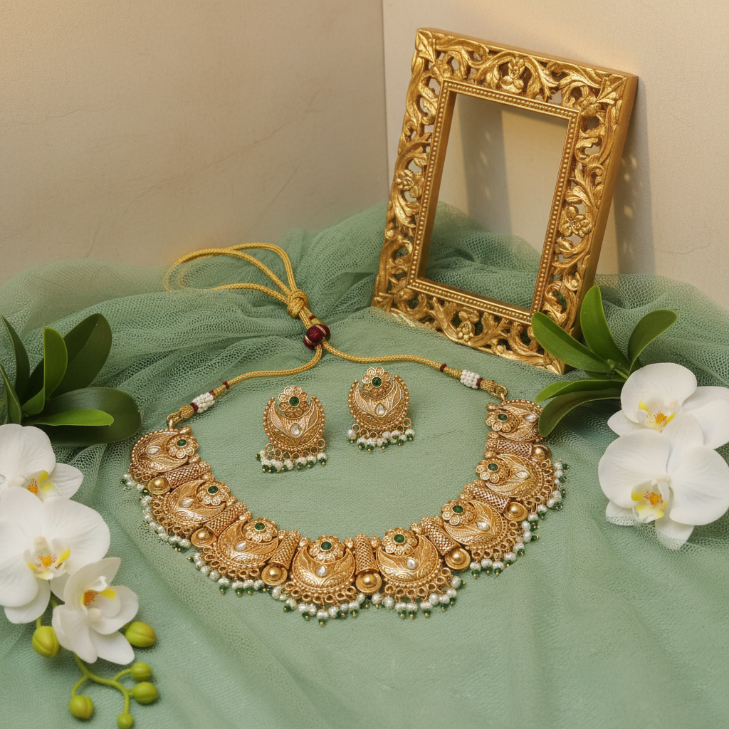 Antique Peacock Motif Temple Choker Set with Green Stone & Pearl Drops