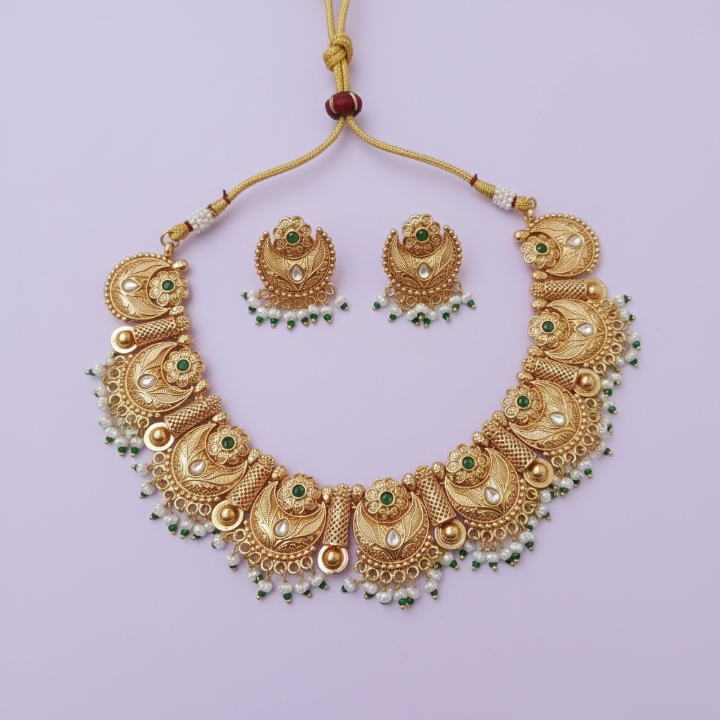 Antique Peacock Motif Temple Choker Set with Green Stone & Pearl Drops