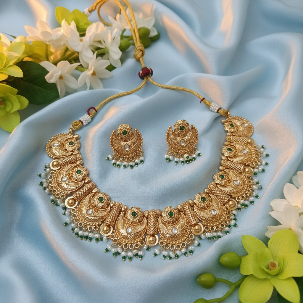 Antique Peacock Motif Temple Choker Set with Green Stone & Pearl Drops