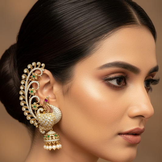 Peacock Jhumka Ear Cuff Earrings | CZ & Pearl Temple Jewellery
