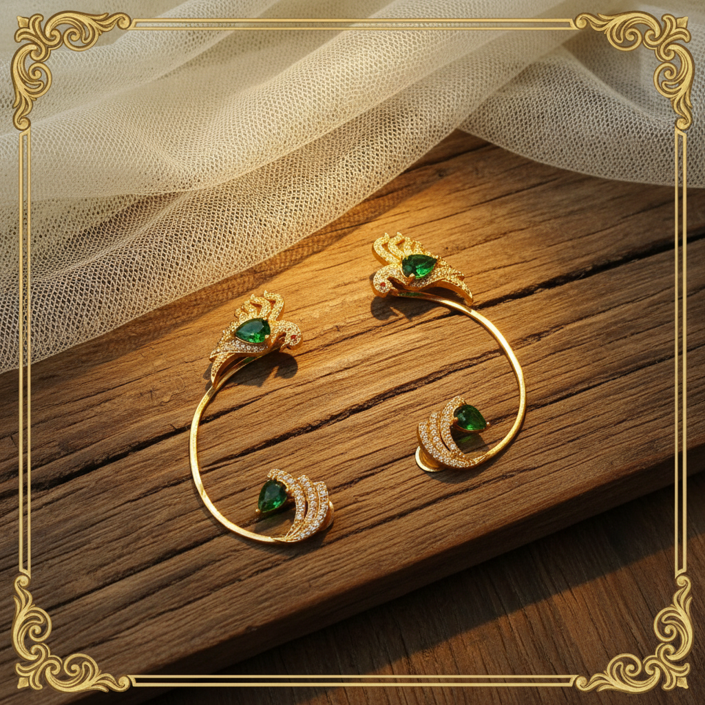 Gold Peacock Hoop Ear Cuff Earrings – Emerald Green & CZ