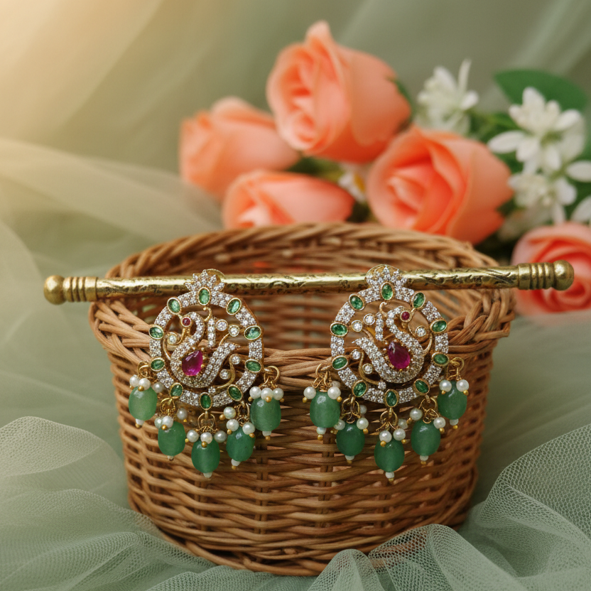 Peacock CZ Emerald Chandbali Earrings