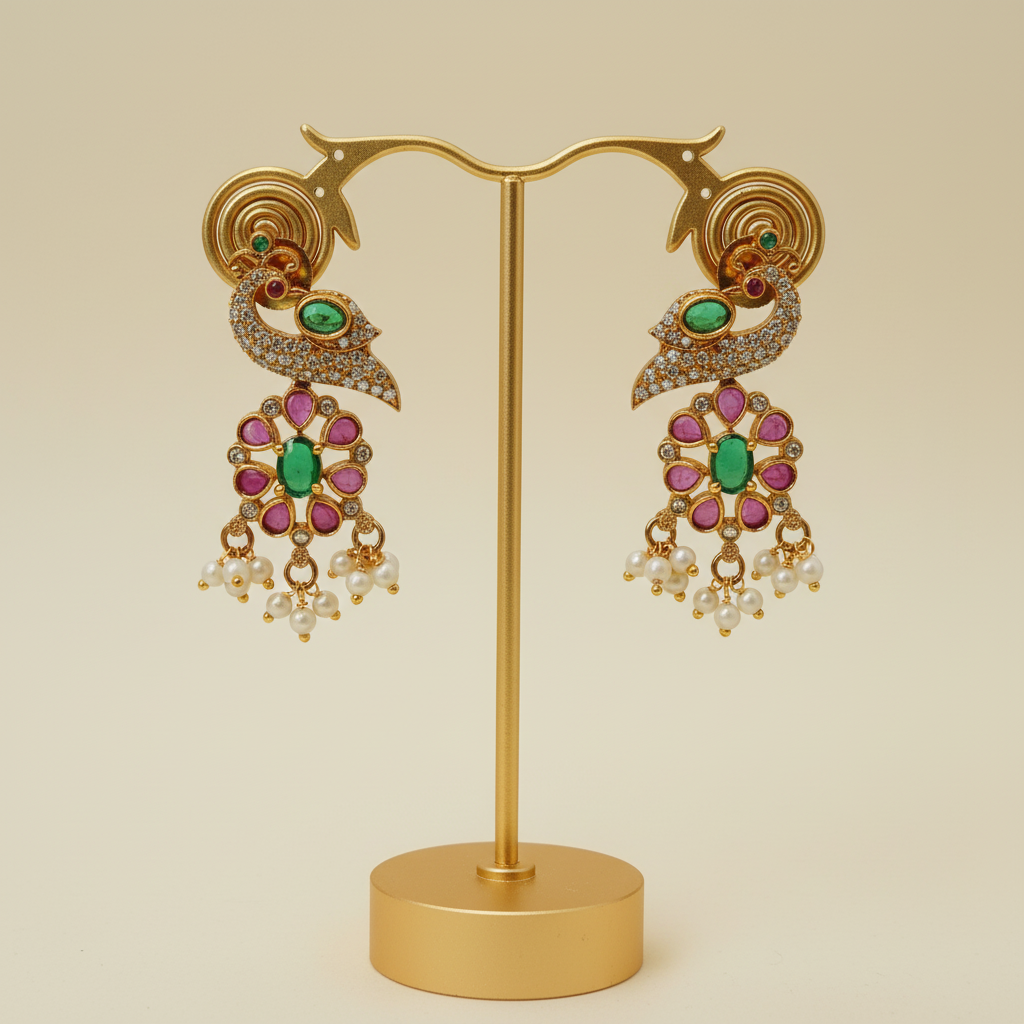 Peacock CZ Ruby Emerald Drop Earrings with Pearl Dangles