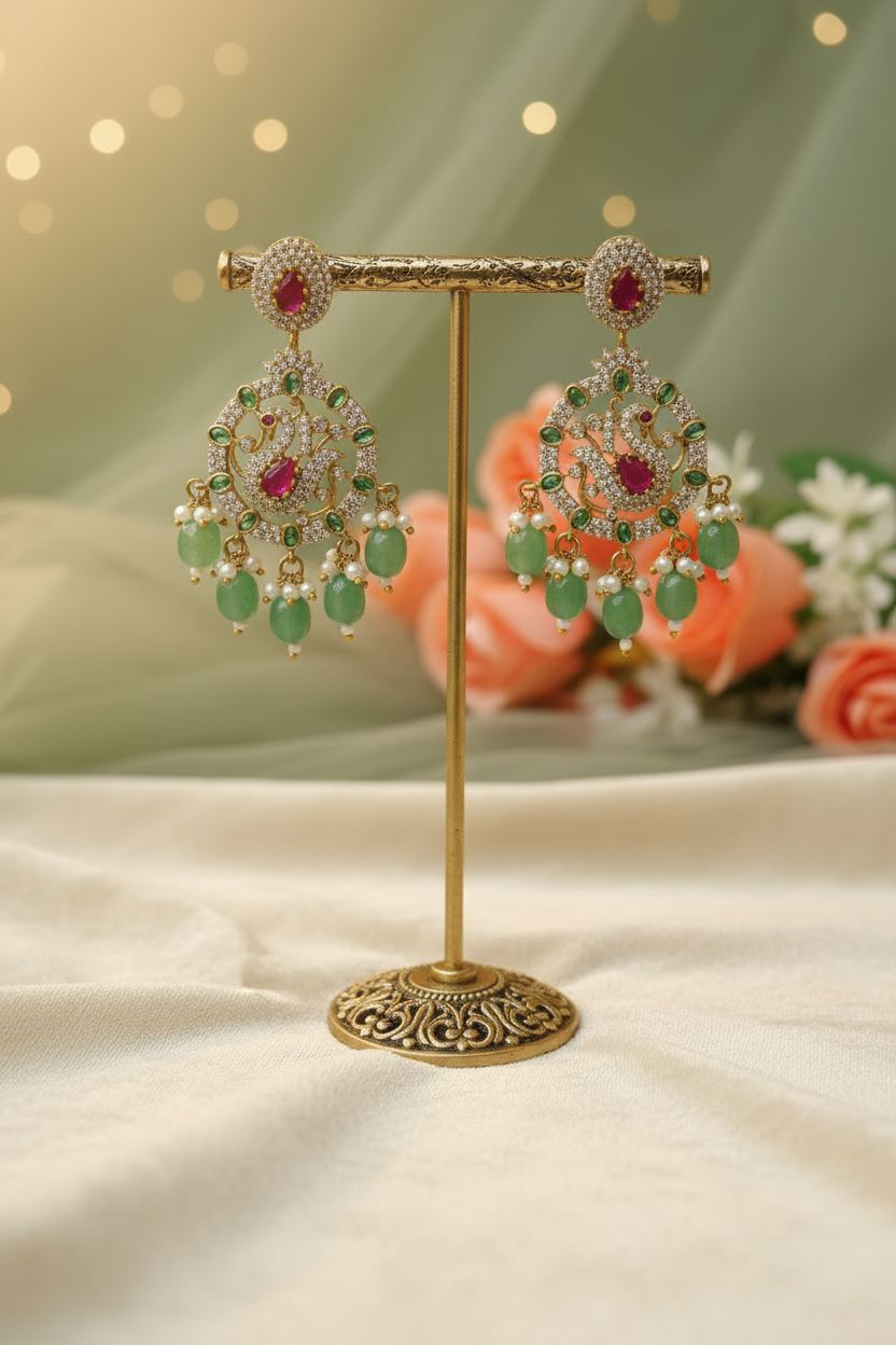 Peacock CZ Emerald Chandbali Earrings
