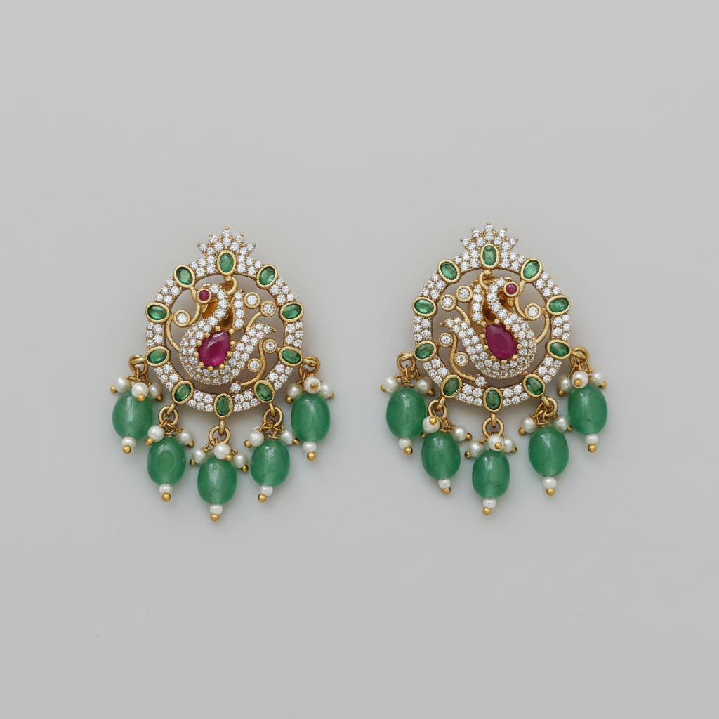 Peacock CZ Emerald Chandbali Earrings