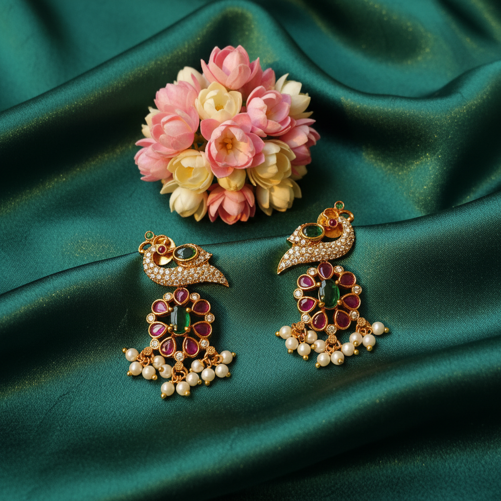 Peacock CZ Ruby Emerald Drop Earrings with Pearl Dangles