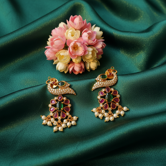 Peacock CZ Ruby Emerald Drop Earrings with Pearl Dangles