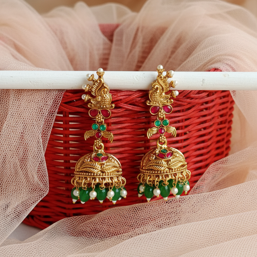Peacock Temple Jhumka Earrings with Emerald & Pearl Drops