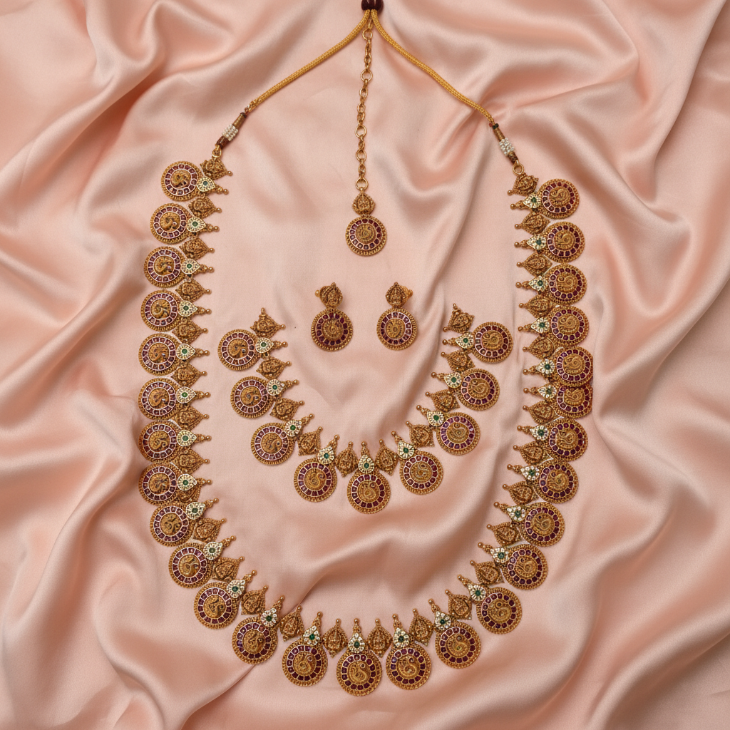 Peacock Kasu Mala Double Necklace Set with Earrings & Maang Tikka