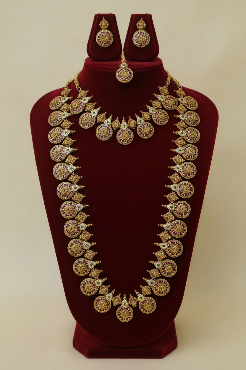 Peacock Kasu Mala Double Necklace Set with Earrings & Maang Tikka