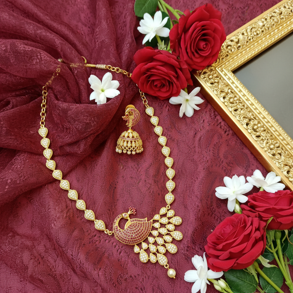 Ruby Peacock CZ Necklace Set with Pearl Drop Jhumka Earrings