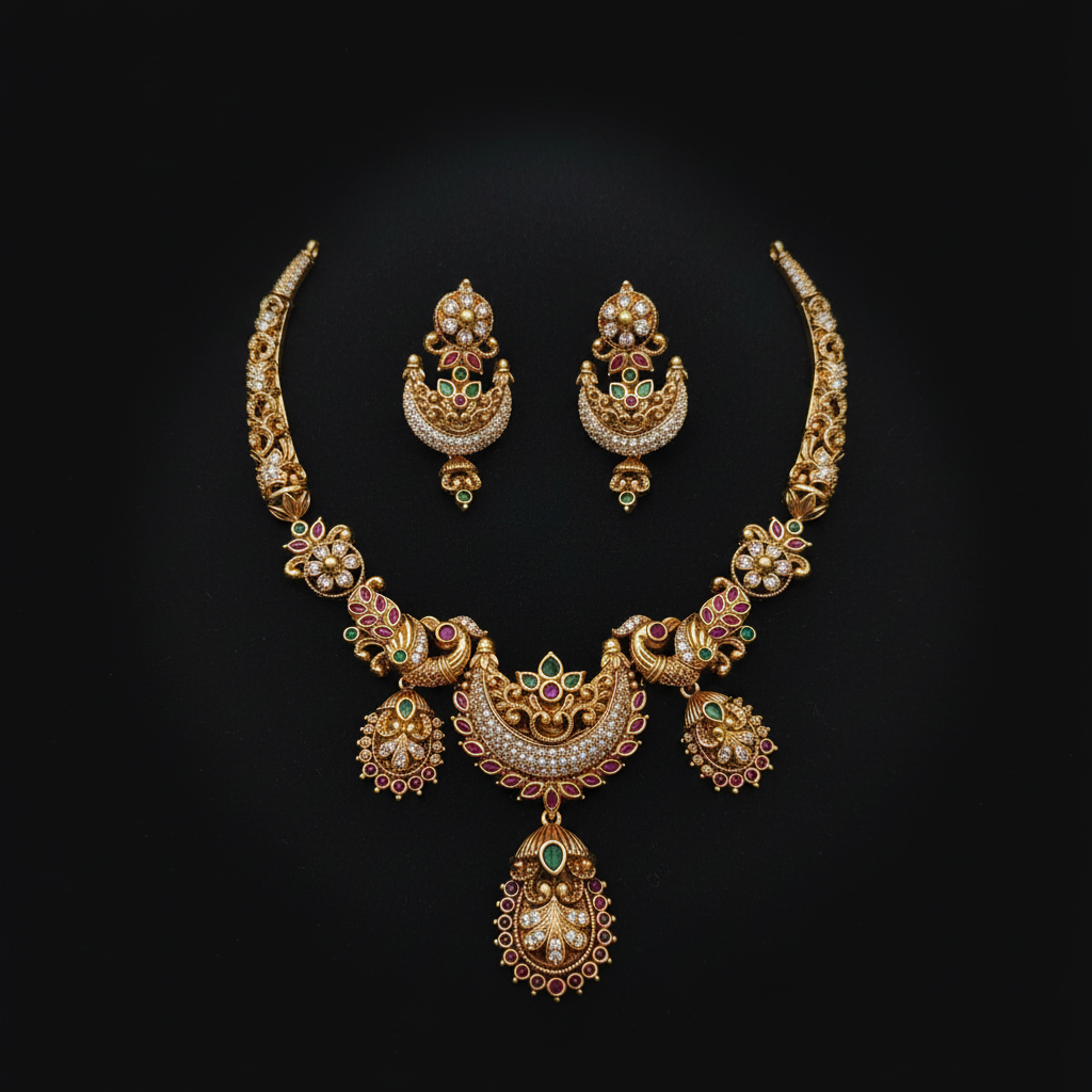 Royal Peacock Temple Jewellery Necklace Set with Earrings