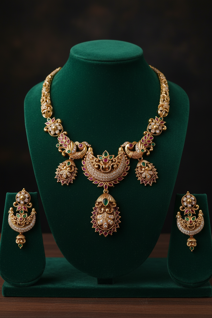 Royal Peacock Temple Jewellery Necklace Set with Earrings