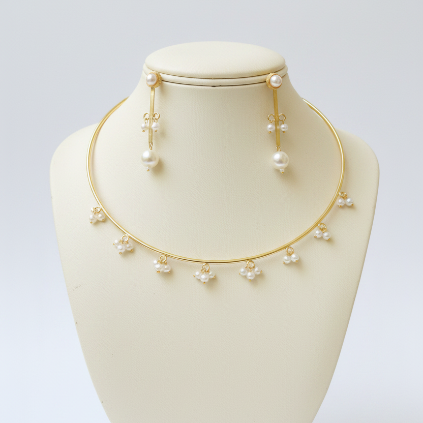 Pearl Cluster Choker Necklace Set with Drop Earrings