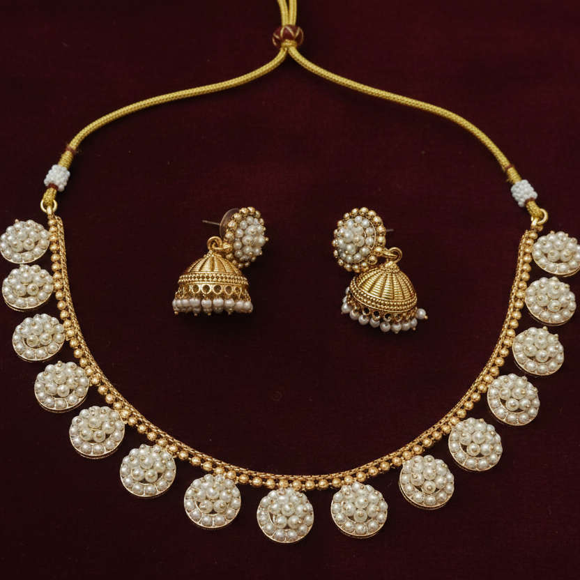Gold Plated Pearl Coin Choker Necklace set