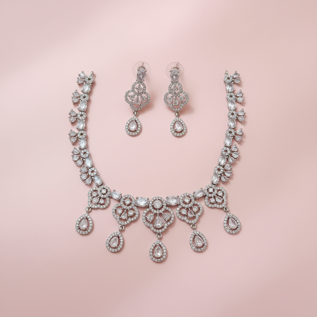 Silver AD Floral Necklace Set