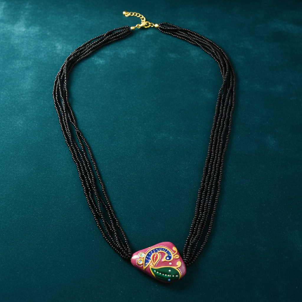 Pink Paisley Meenakari Black Beads