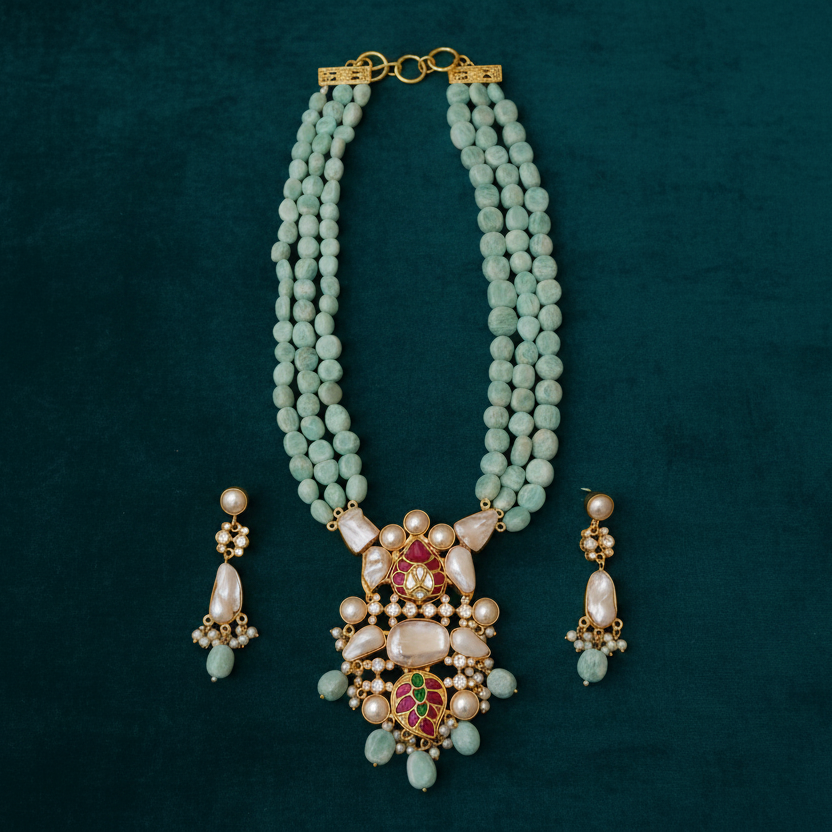 Triple Strand turquoise Beaded Long Necklace with Kundan Pendant & Pearl Earrings