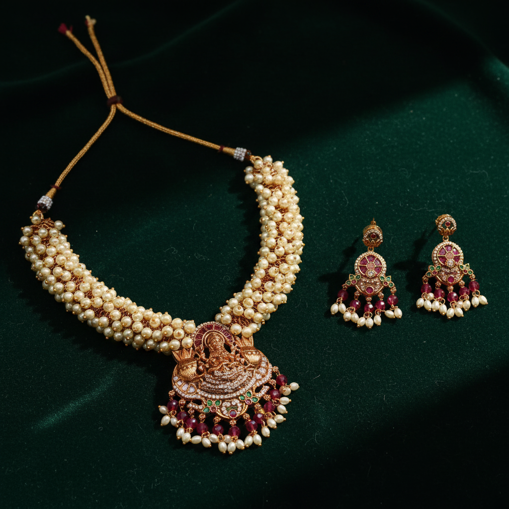 Lakshmi Temple Pearl Choker Necklace & Earrings Set
