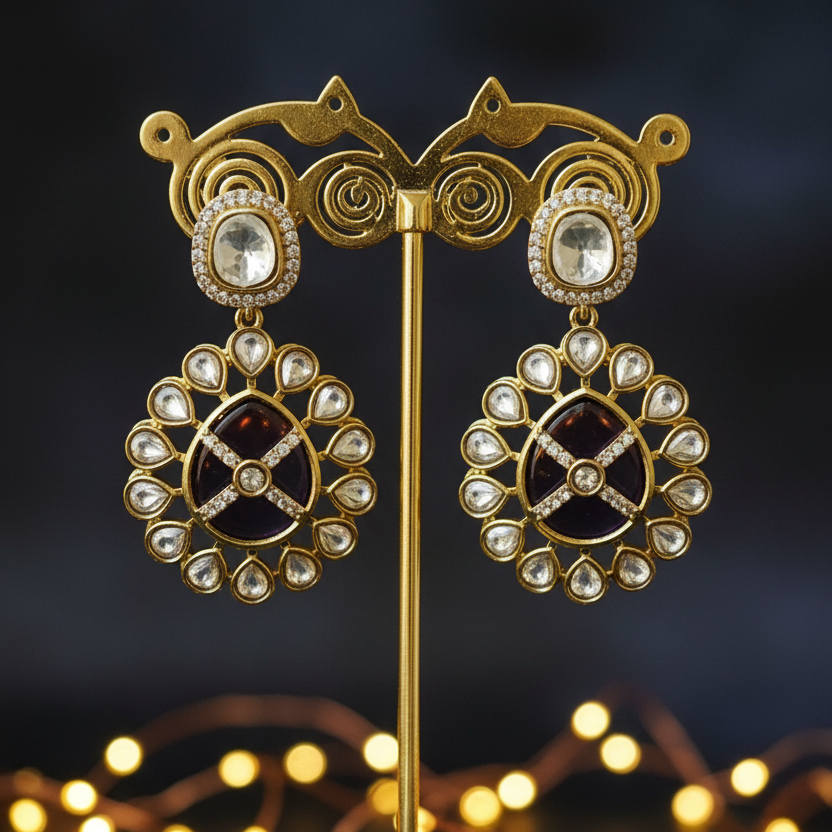 purple Kundan Round Earrings
