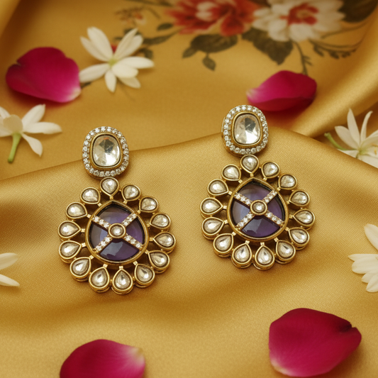 purple Kundan Round Earrings