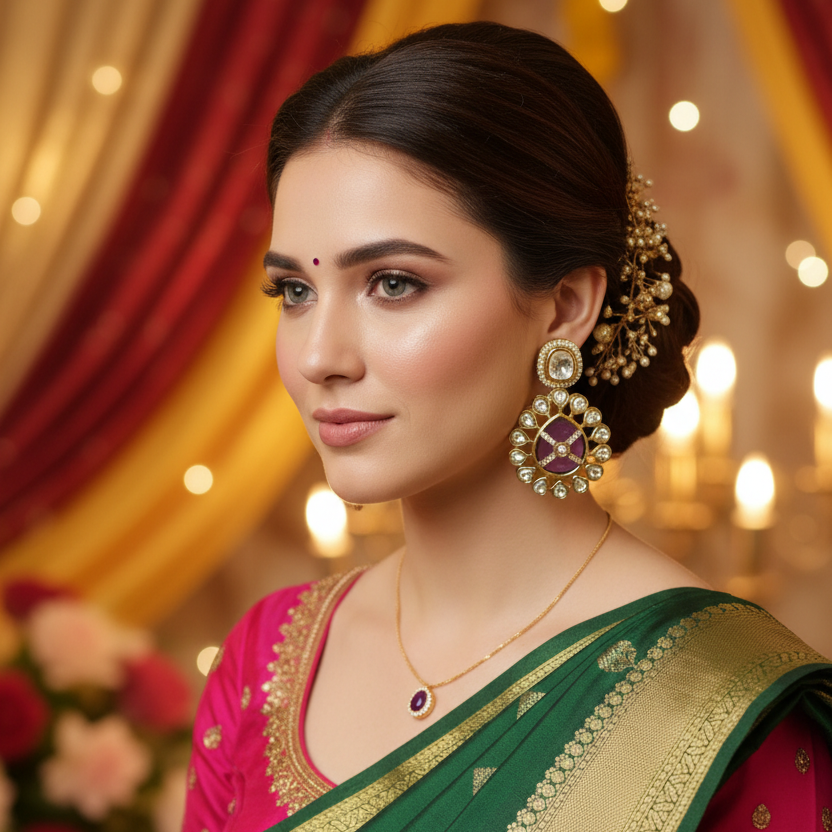 purple Kundan Round Earrings